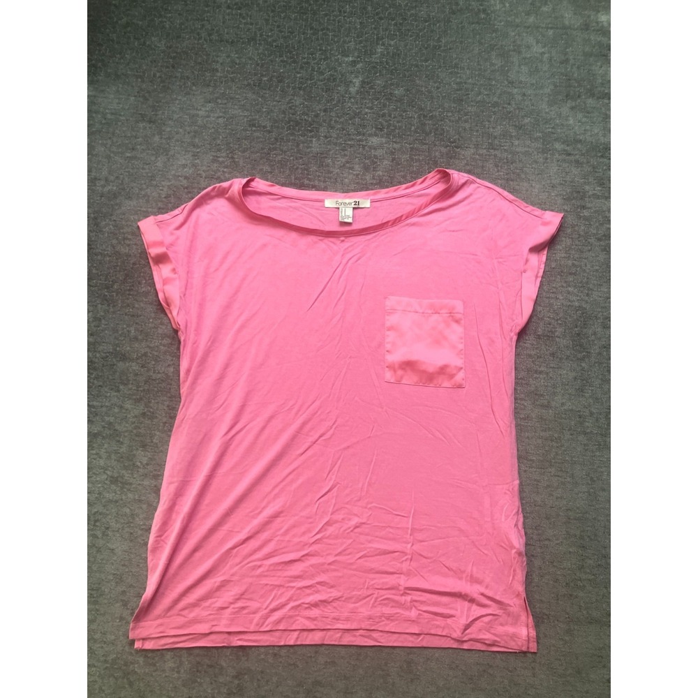 Forever 21 Pocket T-Shirt Womens Medium Hot Pink Round Neck Cap Sleeve Casual